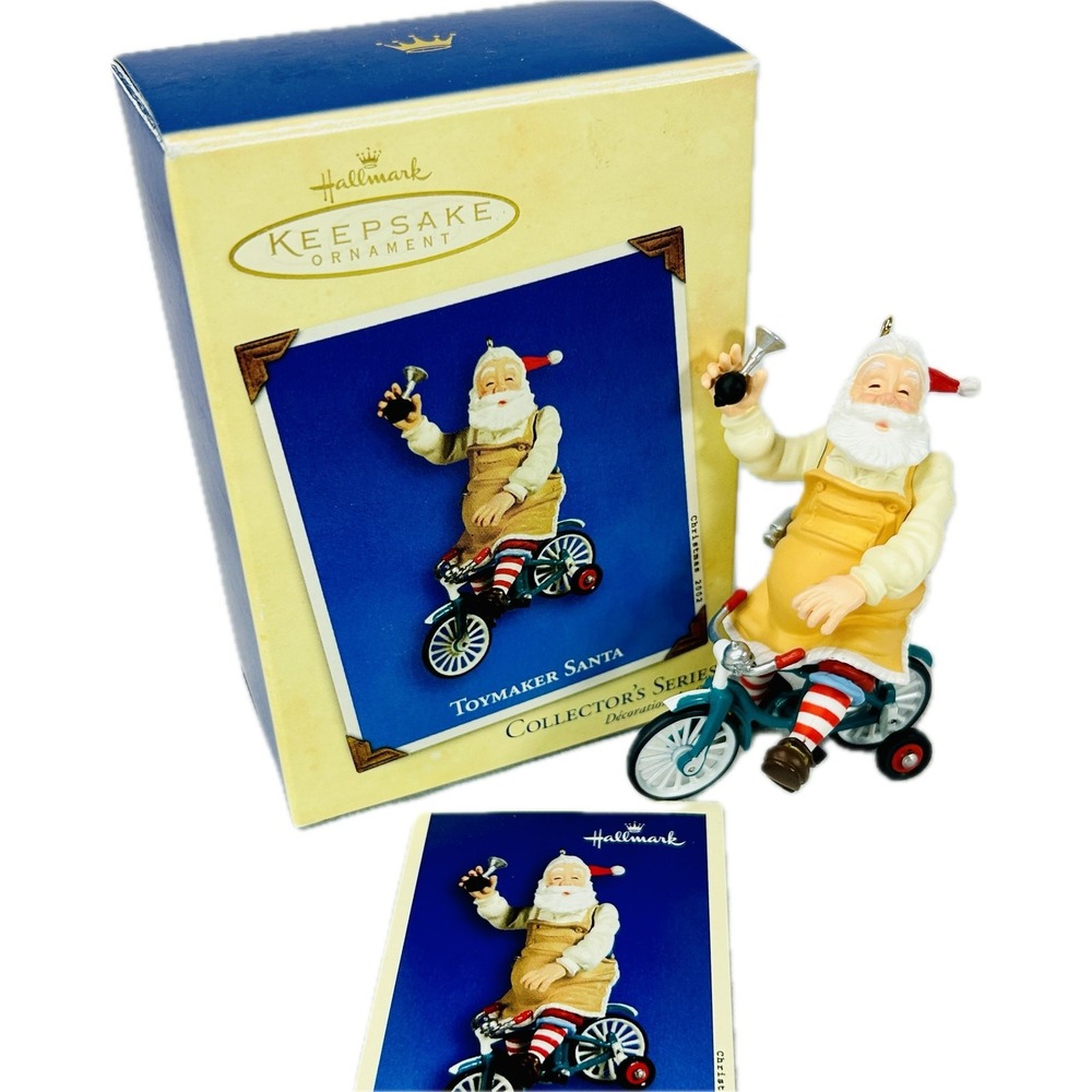 Hallmark TOYMAKER SANTA 2002 Keepsake Ornament Riding Bike with Box‎